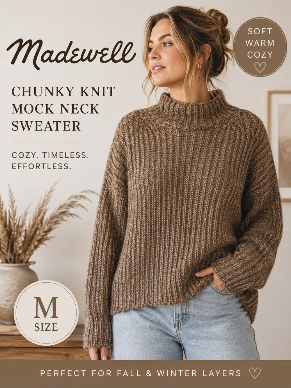 Madewell Medium Brown Marled Chunky Knit Mock Neck Wool Blend Sweater